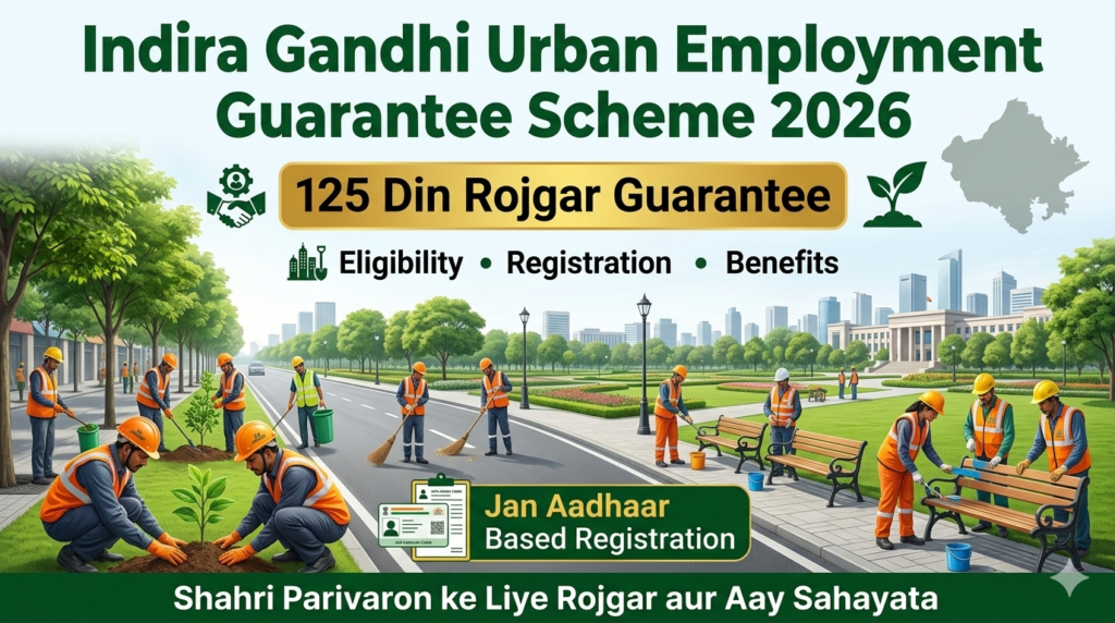 Indira Gandhi Urban Employment Guarantee Scheme 2026 banner showing workers doing tree plantation and park maintenance in Rajasthan.